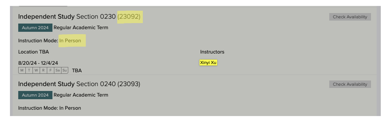 An image of a course search result with the class number (five digits in parenthesis), the instruction mode, and the instructor's name highlighted in yellow