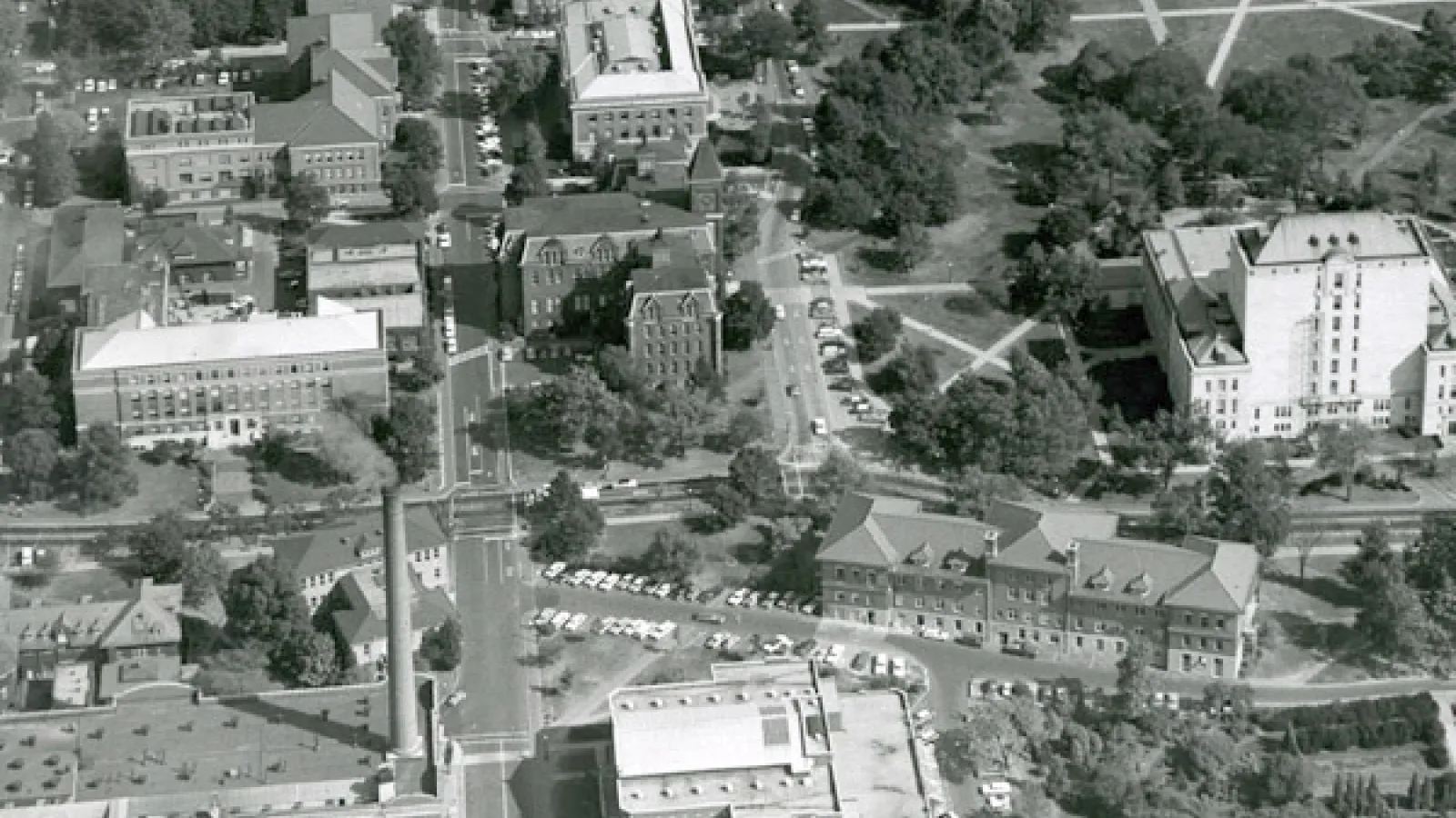 Black and white aerial view of Cockins Hall, University Hall and Thompson Library in 1961