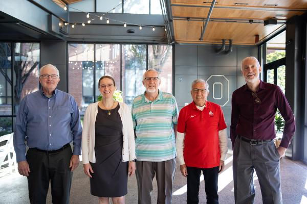 Department Chairs standing side-by-side. Pictured in order, Tom Santner, Elly Kaizar, Doug Wolfe, Prem Goel, Steven MachEachern