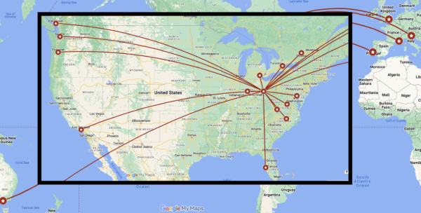 a map with pins of conference locations