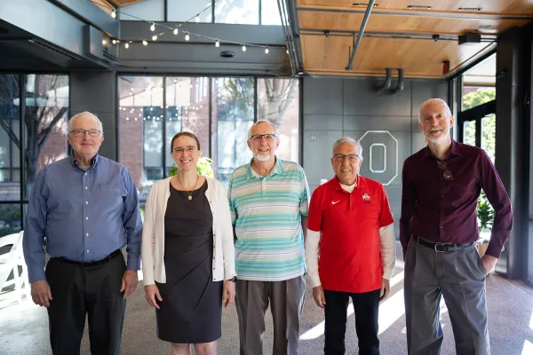 Department Chairs standing side-by-side. Pictured in order, Tom Santner, Elly Kaizar, Doug Wolfe, Prem Goel, Steven MachEachern