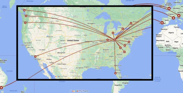 a map with pins of conference locations