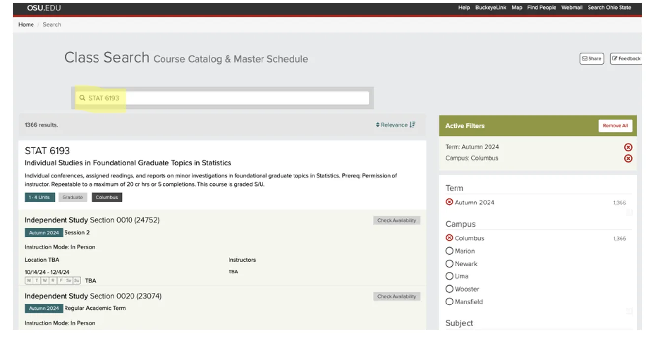 An example of a course search result with the search text highlighted