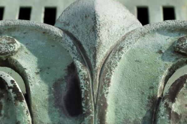 A closeup of a detail on the exterior of Cockins Hall