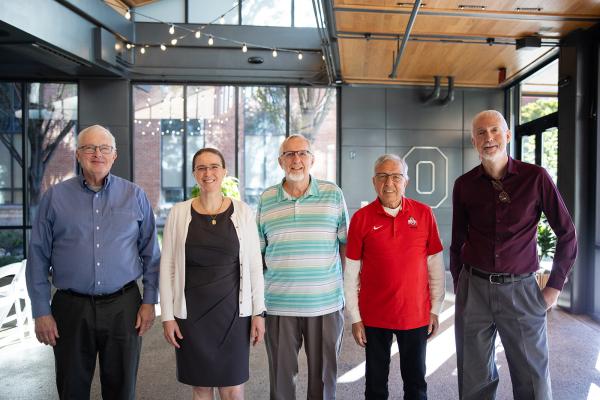 Department Chairs standing side-by-side. Pictured in order, Tom Santner, Elly Kaizar, Doug Wolfe, Prem Goel, Steven MachEachern
