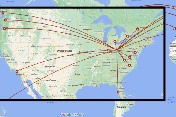 a map with pins of conference locations
