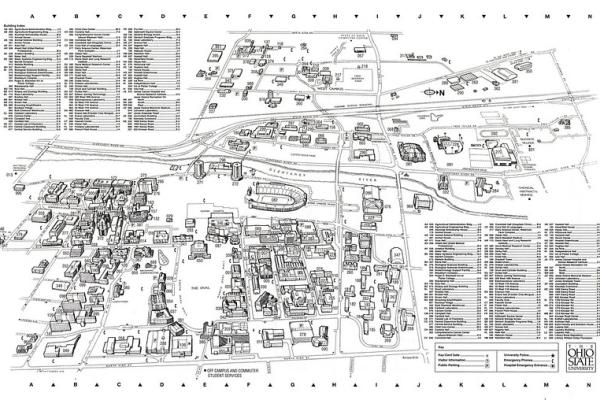 A black and white image of a campus map in 2001