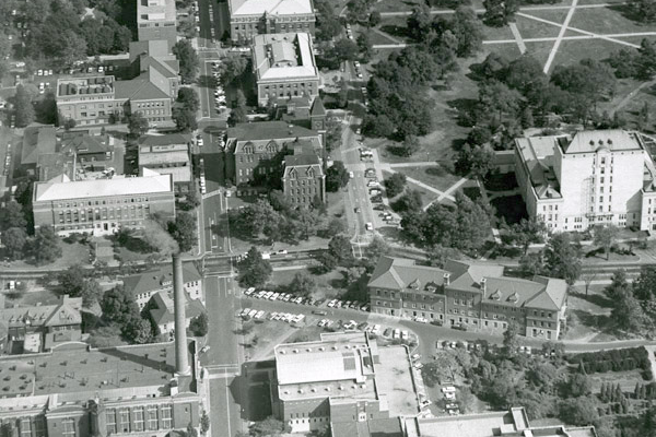Black and white aerial view of Cockins Hall, University Hall and Thompson Library in 1961