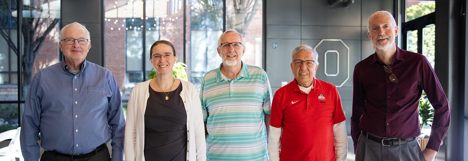 Department Chairs standing side-by-side. Pictured in order, Tom Santner, Elly Kaizar, Doug Wolfe, Prem Goel, Steven MachEachern