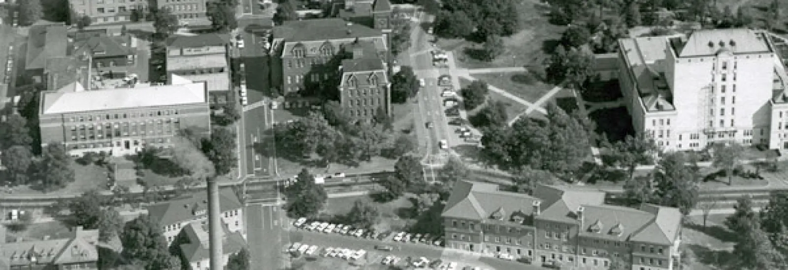 Black and white aerial view of Cockins Hall, University Hall and Thompson Library in 1961