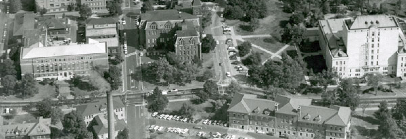 Black and white aerial view of Cockins Hall, University Hall and Thompson Library in 1961